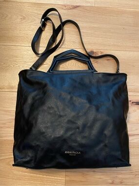 ANNA PAOLA Black Leather Tote Bag with Top Handle & Crossbody Strap